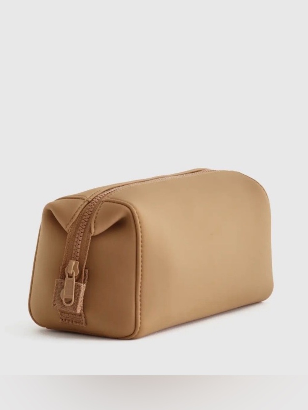 Quince All-Day Tan Neoprene Toiletry Bag Embroidered “Meetings Today”